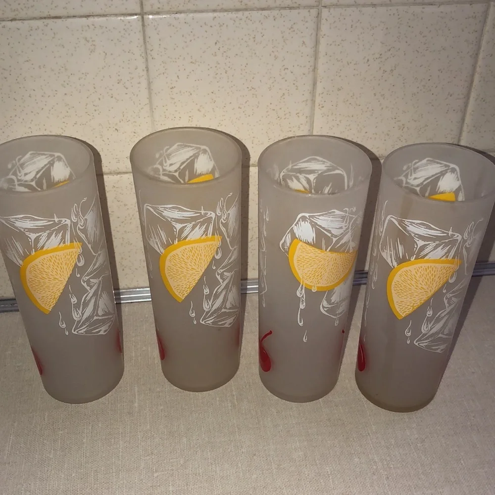 VINTAGE TOM COLLINS FROSTED SLIM TALL LEMON & CHERRY SET‎ OF 4 GLASSES